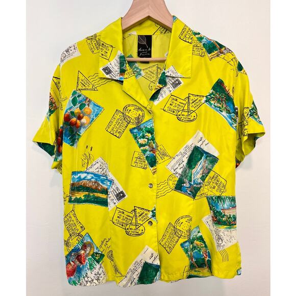Vintage Dana B And Karen Yellow Postmark Travel Print Button Up Silk Blouse W 14 - Picture 1 of 8